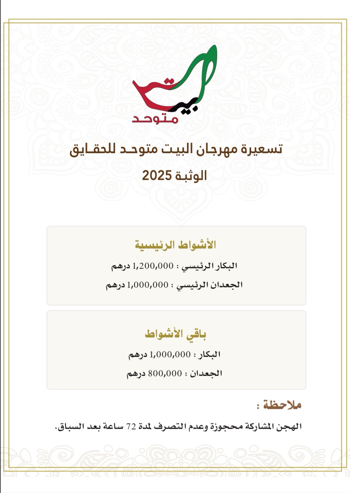 الإعلان عن تسعيرة الأشواط في مهرجان «البيت متوحد» للحقايق بالوثبة 2025