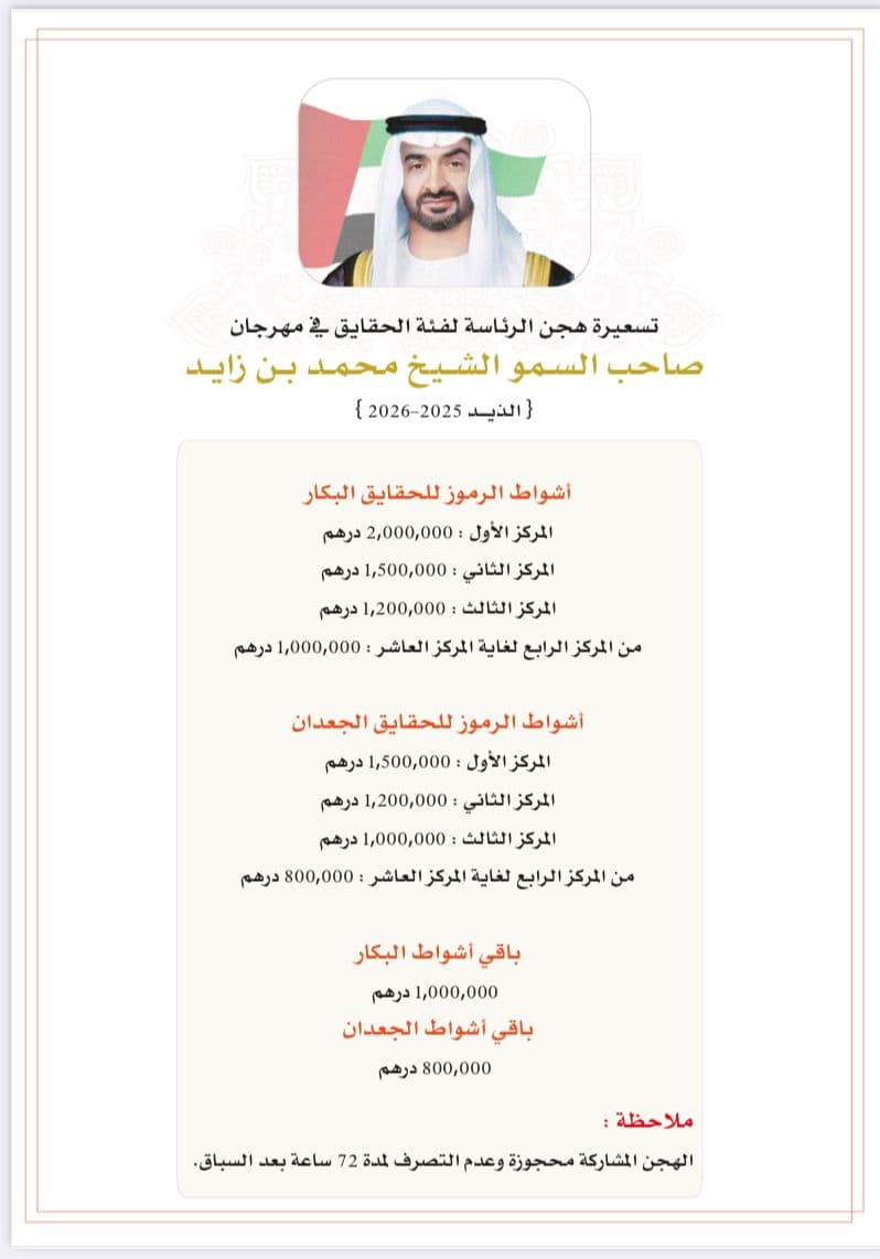 ننشر تفاصيل تسعيرة هجن الرئاسة لفئة الحقايق بمهرجان صاحب السمو الشيخ محمد بن زايد آل نهيان لسباقات الهجن ومزاينة الإبل