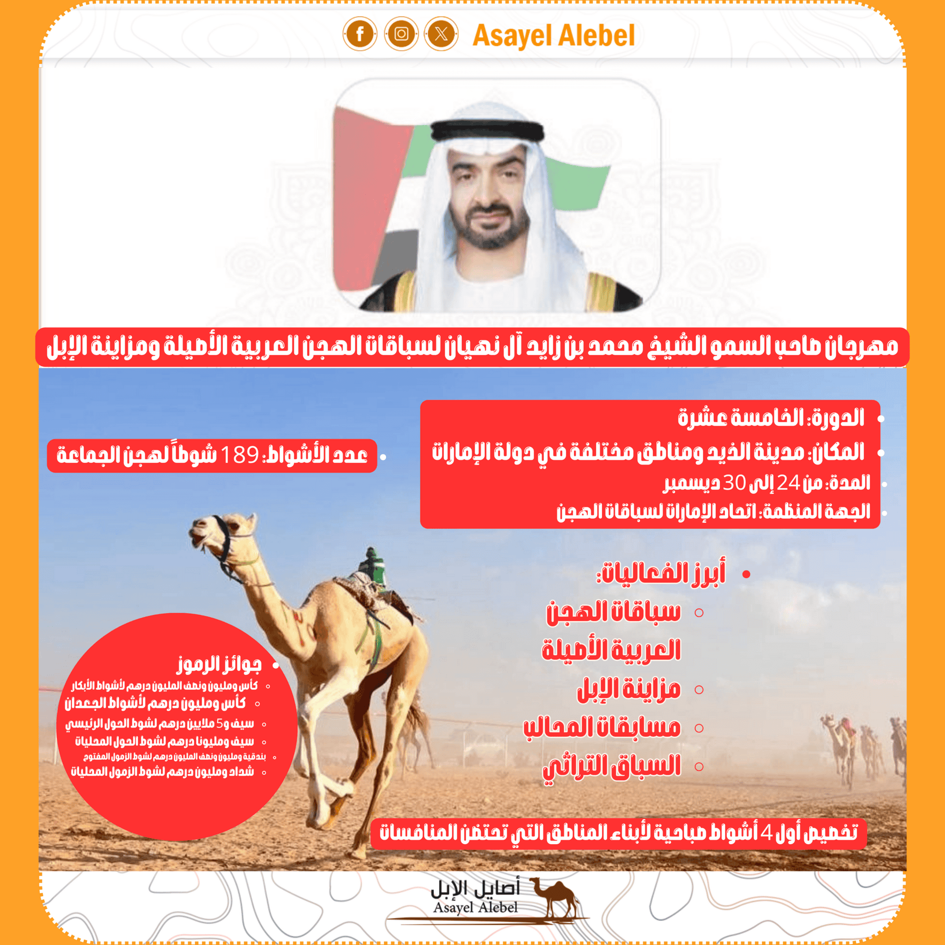 الهجن والمزاين والمحالِب تجتمع في «الذيد» بمهرجان محمد بن زايد