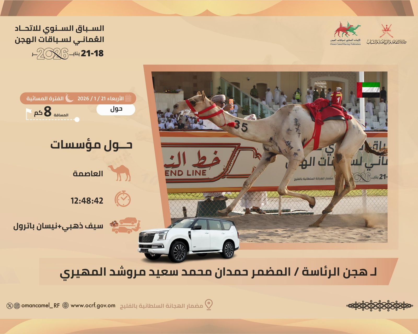  العاصفة لهجن الرئاسة  تحقق سيف السباق السنوي للاتحاد العماني  ودلما لمانع بن حماد تقبض علي الخنجر