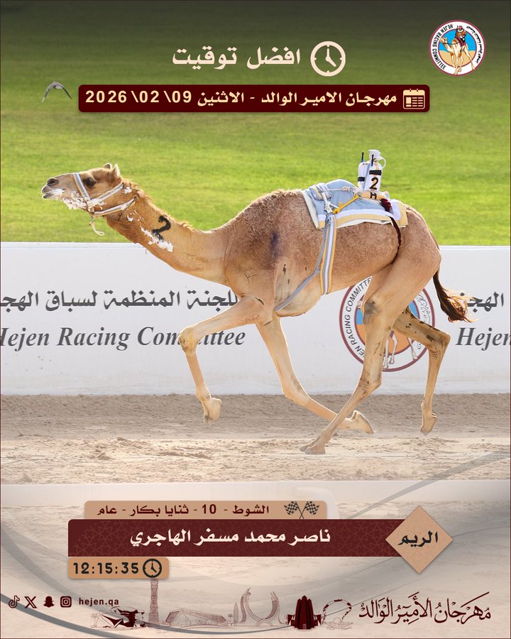 نتائج سباق مهرجان صاحب السمو الأمير الوالد 2026 – ميدان الشحانية – سن الثنايا – لأبناء القبائل – الاثنين 2026/02/09 – المسافة 8 كلم – الفترة المسائية . 